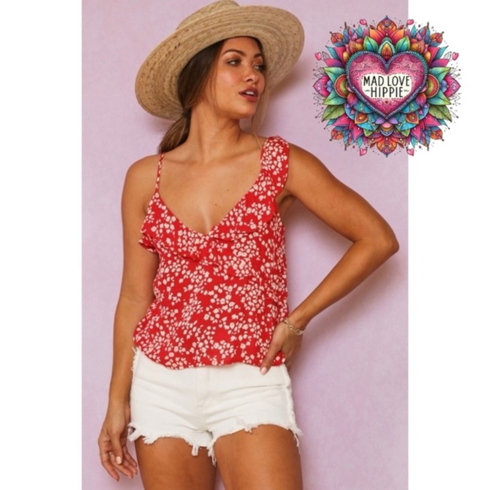 Fantastic Fawn Red Ditzy Floral Ruffle V Neck Cami Top